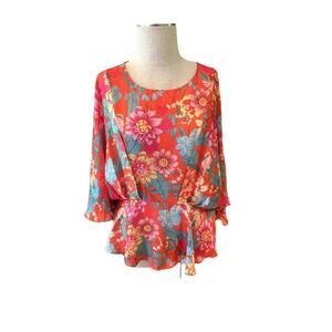 Umgee Kimono Blouse Top Womens Large Orange Floral Peplum 3/4 Sleeve Round Neck